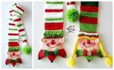 crocheted christmas stockings and mittens made to look like elfs with pom - poms