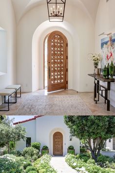 this is an image of the inside of a house with plants and flowers in it