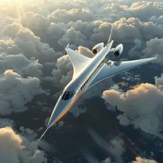 an airplane flying above the clouds in the sunlit sky with white fluffy clouds around it