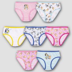 Your child will love adding a colorful update to their essentials drawer with this 7-Pack of Bluey Briefs. Made from 100% cotton, these regular-rise briefs offer them all-day comfort. Plus, they're designed with a full elastic waistband for a secure fit. This pack includes seven printed briefs, each featuring a different graphic featuring Bluey and Bingo to offer them a fun choice for each day of the week. Playful Multicolor Machine Washable Bottoms, Blue Bottoms For Playwear, Machine Washable, Blue Playwear Bottoms Machine Washable, Playful Cotton Bottoms Multi-pack, Machine Washable Cotton Bottoms For Playtime, Playful Multi-pack Bottoms, Playful Cotton Bottoms, Machine Washable, Playful Cotton Bottoms Machine Washable, Bluey And Bingo