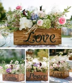 several pictures of flowers in wooden boxes with the words love and peace written on them