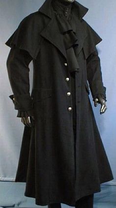 Elegant, long box coat, exclusively and high class tailored, non-padded_x000D_The coat is closed with ornament buttons, the big collar glides elegantly over the shoulders_x000D_Two pockets Larp Fashion, Black Trench Coat, Cool Coats, Larp Costume, Medieval Clothing, Gothic Outfits, Fantasy Clothing, Steampunk Fashion, Fantasy Fashion