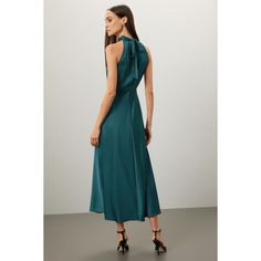 Blue satin (52% Lenzing‚Ñ¢ Ecovero‚Ñ¢ Viscose, 48% Viscose). A-line. Sleeveless. Halter neck. Tie closure. 28" from shoulder to hemline. Imported. Rayon Bias-cut Midi Dress, Dark Wash Denim V-neck Dress With Pockets, Blue Viscose V-neck Midi Dress, Satin Halter Dress, Indigo V-neck Denim Dress, Blue Rayon V-neck Maxi Dress, Rent The Runway, Chunky Boots, Blue Satin