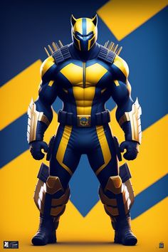 an image of a man dressed as wolverine in front of a blue and yellow background