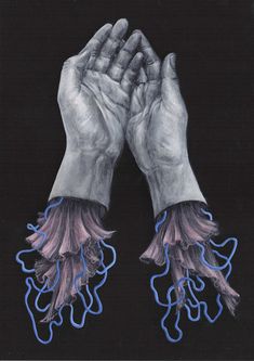 an image of two hands holding something in the air with blue streamers coming out of them