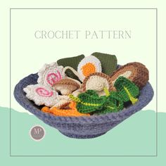 a crocheted bowl filled with lots of different types of knitted items and the words crochet pattern above it