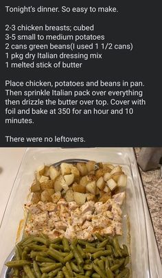 the instructions for how to make green beans and potatoes in a casserole dish