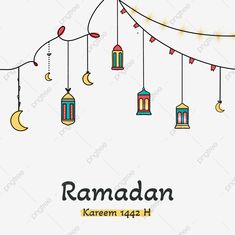 rama kareem wallpaper with lanterns and crescents hanging from the string on white background