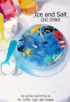 an ice and salt science experiment for coffee cups and crayons