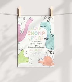 a children's birthday party poster hanging on a clothes line with the words, step chomp group