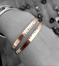 "Customize your metal cuff by Adding your favorite inspirational quote or name to this beautiful bracelet to make it your very own. These are hand stamped and not engraved ( mine will have an organic charm to them & are one of a kind as no two will be alike ). This piece is created by you, and will have great meaning as you were involved in every aspect of your bracelet's composition. (The price for this listing is for ONE bracelet.) I offer several customization options below. If you see a Cuffs Bracelets, Gifts 2023, Sister Birthday Quotes, Hand Stamped Metal, Stamped Metal, Stacking Bracelets, Custom Bracelet, Inspirational Jewelry, Design Stamps