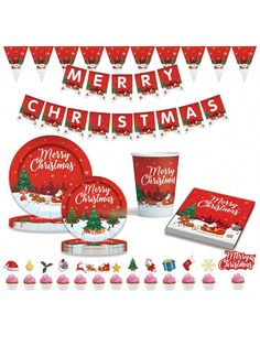 merry christmas party supplies including plates, cups and banners with santa's sleigh