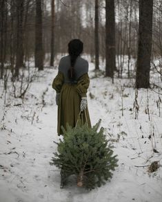 a woman walking through the woods carrying a small christmas tree in her hand and wearing a cloak