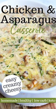 chicken and asparagus casserole with creamy cheesy in a white bowl