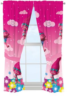 pink curtains with cartoon characters on them