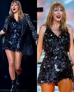 taylor swift in black sequin dress and boots on stage