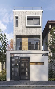 an architectural rendering of a two story house with wooden shutters on the front and side