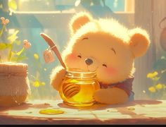 a teddy bear sitting next to a jar filled with honey