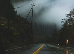 the road is wet with rain and fog as it passes through some trees in the distance