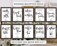 the wedding reception signs are displayed in different frames