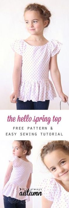 So cute! Free printable PDF pattern for this easy to sew girls' dress or top, plus a great step by step photo tutorial. Pattern comes in girls size 4/5 Sewing Template, Projek Menjahit, Kids Sewing, Sewing Patterns Girls, Spring Girl, Costura Diy, Sewing Patterns For Kids, Easy To Sew