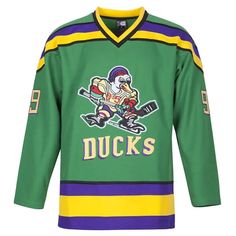 Adam Banks 99 Mighty Ducks Hockey Jersey Outfit Throwback Team-colored Jersey With Letter Print, Green College Jersey With Letter Print, Collegiate Green Jersey With Letter Print, College Fan Apparel Jersey With Letter Print, Throwback Team-colored Cotton Jersey, Varsity Jersey With Graphic Print For Fans, Crew Neck Jersey For Fan Merchandise, Throwback Cotton Jersey With Letter Print, Crew Neck Cotton Jersey With Team Logo