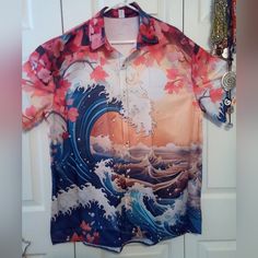 Kanagawa 'The Great Wave' Printed Button Front Shirt. Long Length (35") And Flowy. 27" Ptp Which Is A 54" Chest. Silky Feel To The Fabric (95% Polyester/5% Spandex). Red Hawaiian Button-up Shirt For Vacation, Red Collared Hawaiian Shirt For Beach, Red Button-up Hawaiian Shirt For Vacation, Red Hawaiian Shirt For Vacation, Red Hawaiian Vacation Shirt, Printed Red Shirt For The Beach, Red Collared Beach Shirt, Red Button-up Hawaiian Shirt For Beach, Red Button-up Tops For The Beach