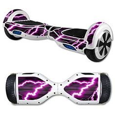 an electric scooter with purple and white lightnings on it's wheels