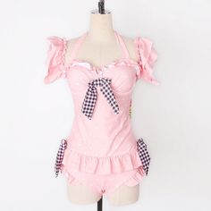 Plaid Gingham Ruffle Off-Shoulder One Piece Kawaii Lolita Swimsuit with Bow decoration, Padded bust Swimsuit size conversion US/EU Size XS = Asian Size M swimsuit US/EU size S = Asian Size L swimsuit US/EU size M = Asian Size XL swimsuit Material: NYLON, spandex Cute Fitted Ruffle Swimwear, Cute Fitted Ruffled Swimwear, Summer Gingham Swimwear With Ruffles, Aesthetic Swimsuit, Kawaii Swimsuit, Princess Life, Deer Doll, Padded Swimwear, Barbie Wardrobe