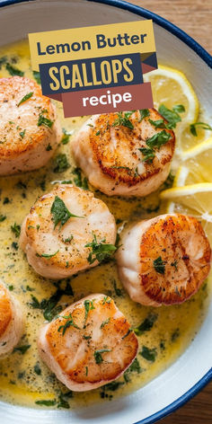 lemon butter scallops are served in a white bowl