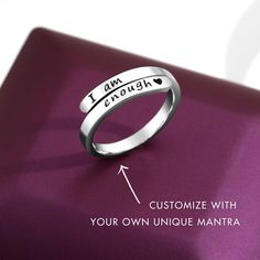 With our brand new customizeable mantra open and adjustable ring, you can make a truly unique piece of jewelry that will serve as a constant reminder every day when you most need it. ...or you can customize a ring for someone you love with just the message you think they need to be inspired or uplifted. It really is the perfect gift and it allows for a completely personalized experience.Packaging Options:Add a gift -and keepsake box for just $4.95. Perfect if you are gifting the ring to someone Spiritual Amethyst Birthstone Ring In Sterling Silver, I Am Enough Rings, Spiritual Sterling Silver Engraved Ring Gift, Spiritual Amethyst Ring In Sterling Silver, Silk Bag, Health Awareness, Mental Health Awareness, Keepsake Boxes, Never Give Up