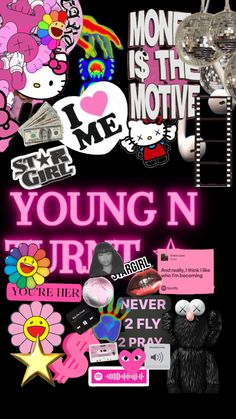 the young n'brit poster has many stickers on it, including flowers and other things