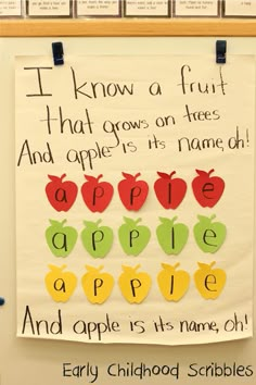 an apple themed bulletin board with apples on it and the words i know a fruit that grows or three and apples at its name oh