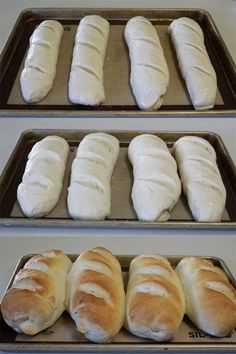 four trays filled with different types of bread on top of baking pans next to each other