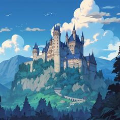 an animated castle on top of a hill surrounded by trees and mountains with clouds in the sky