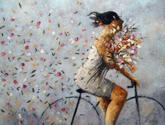 a painting of a woman on a bicycle with flowers in her hand and confetti falling from the basket