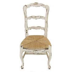 an old white chair with wicker seat and backrests on a white background