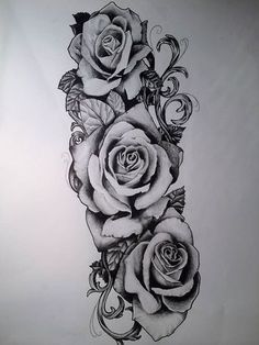 a black and white drawing of three roses