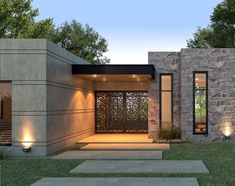 an exterior view of a modern home with stone walls and steps leading to the front door