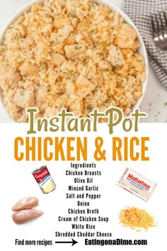 the instant pot chicken and rice recipe is shown in this poster with instructions to make it