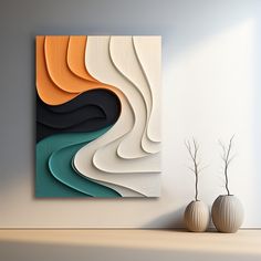 two vases are sitting on a shelf in front of a wall with an abstract painting