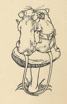 an ink drawing of two mice sitting on a mushroom chair with their heads touching each other