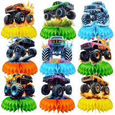 the monster trucks are all different colors and designs on each one, including blue, green, red, yellow, orange, and black