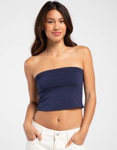 Tilly's Tube Top. Solid Color. Sleeveless. Cropped Fit. 60% Cotton, 36% Rayon, 5% Spandex. Machine Wash. Imported. Model Is Wearing A Size Small. Model Measurements:height: 5'6" Bust: 32"waist: 26"hips: 35" | Tillys Tube Top Cheap Trendy Cotton Tube Top, Affordable Blue Tube Top For Women, Tillys Tops, Blue Fitted Cropped Tube Top, Blue Mini Length Tube Top, Long Tube Top, Wwe T Shirts, Girls Graphic Tee, Girls Blouse