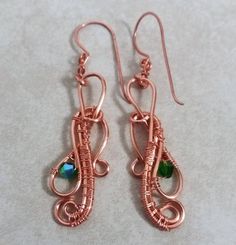 Woven Copper Earrings with Green Crystals - Delicate Everyday Fashion Earrings Copper Wire Dangle Earrings As Gift, Adjustable Copper Wire Pierced Earrings, Nickel Free Copper Wire Earrings As A Gift, Green Copper Wire Earrings Gift, Copper Wire Wrap Drop Earrings As Gift, Nickel-free Copper Wire Earrings As Gift, Green Copper Earrings For Gift, Single Copper Earring As Gift, Copper Wrap Earrings As A Gift