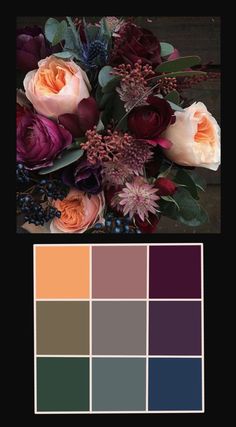 a bouquet of flowers sitting on top of a wooden table next to a color palette