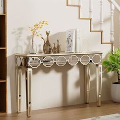 a living room scene with focus on the console table