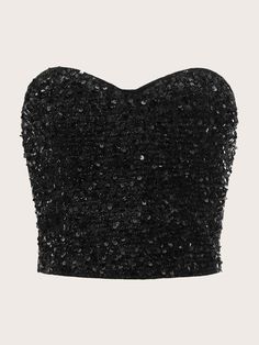 Black Party Collar Sleeveless Woven Fabric Plain  Embellished Slight Stretch All Women Clothing Sequin Tube Top, Taylor Outfits, Black Tube Top, Top Bustier, Nye Outfits, Glitter Top, Black Tube, Sequin Crop Top