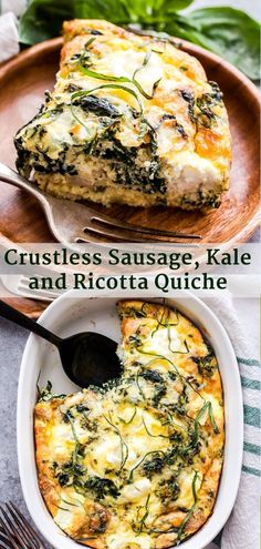 two pictures of crustless sausage, kale and ricotta quiche