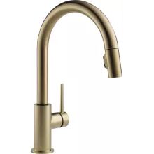 a kitchen faucet with an angled spout and pull out sprayer in brushed brass